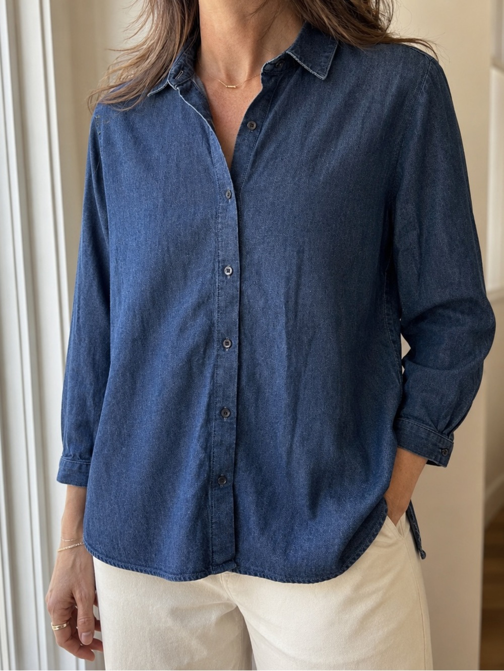 Eileen Fisher Dark Blue Denim Chambray Button-Up Shirt 100% Organic Cotton XS